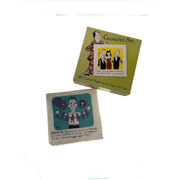 Vintage Cocktail Napkins - Confucius MCM - Illustrated Funny Kitsch - 1950s - Picture 1 of 13